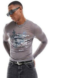 エイソス ASOS DESIGN muscle fit long sleeve t-shirt in grey power mesh with grunge front print メンズ
