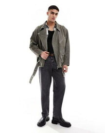 エイソス ASOS DESIGN real leather oversized distressed biker jacket in grey メンズ