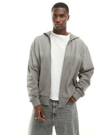 エイソス ASOS DESIGN oversized pique washed zip through hoodie in grey メンズ