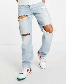 エイソス ASOS DESIGN wide straight leg jeans in 90's stone wash with rips メンズ