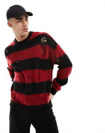 エイソス ASOS DESIGN knitted relaxed jumper in black and red stripe with distressing メンズ
