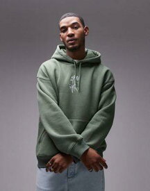 トップマン Topman oversized fit hoodie with floral embroidery in washed green メンズ