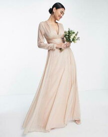 エイソス ASOS DESIGN Bridesmaid ruched waist maxi dress with long sleeves and pleat skirt in light pink レディース