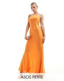 ASOS Petite エイソス ASOS DESIGN Petite satin halter maxi dress with shaped back detail in orange レディース