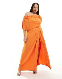 ASOS Curve エイソス ASOS DESIGN Curve exclusive satin off shoulder high split maxi dress in orange レディース