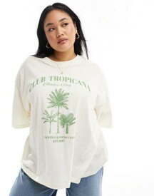 ASOS Curve エイソス ASOS DESIGN Curve textured boyfriend fit t-shirt with club tropicana graphic in cream レディース