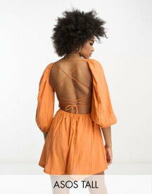 ASOS Tall エイソス ASOS DESIGN Tall ladder detail mini beach playsuit with lace up back in orange レディース