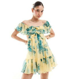 エイソス ASOS DESIGN ruffle cut out off the shoulder mini dress with hi low hem in yellow floral print レディース