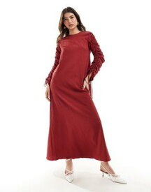エイソス ASOS DESIGN ruched sleeve detail crinkle maxi dress in cherry red レディース