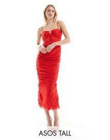ASOS Tall エイソス ASOS DESIGN Tall tie front cami midi dress with ruched skirt in red レディース