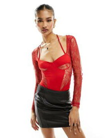 エイソス ASOS DESIGN lace insert corset bodysuit with shrug detail in red レディース