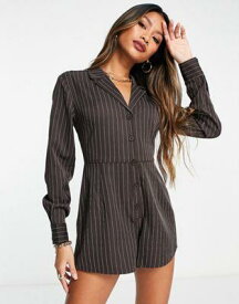 Lola May revere collared playsuit with open back in chocolate brown pinstripe レディース