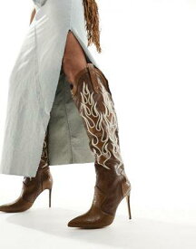 Public Desire Jacksonville heeled knee boot with snake print in vintage brown レディース