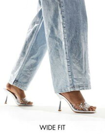 パブリックディザイア Public Desire Wide Fit Shelly mid heeled sandal with clear embellished strap in silver レディース