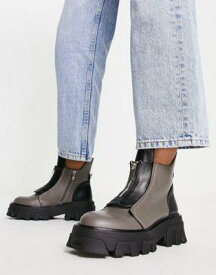 Public Desire Exclusive Astra zip front chunky ankle boots in grey and black レディース