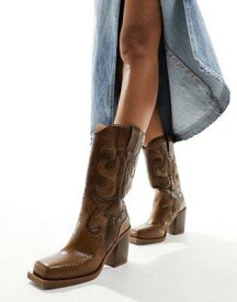 Public Desire Texas western mid ankle boot with snake print in vintage brown レディース