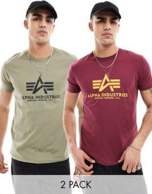 Alpha Industries アルファインダストリーズ Alpha 2-pack chest logo t-shirt in olive and burgundy メンズ