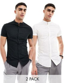 エイソス ASOS DESIGN 2 pack skinny fit grandad collar shirt with roll sleeves in white/black メンズ