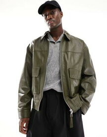 エイソス ASOS DESIGN oversized real leather bomber jacket in khaki メンズ