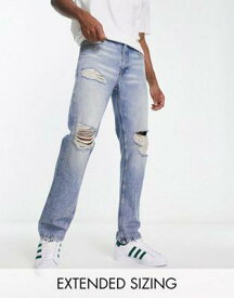 エイソス ASOS DESIGN straight leg jeans in light wash blue with heavy rips メンズ