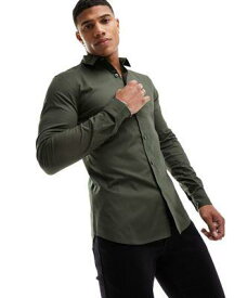 ルック New Look long sleeve muscle fit poplin shirt in khaki メンズ