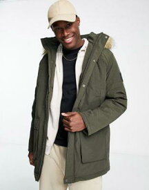 ルック New Look faux fur trim hooded parka in khaki メンズ