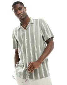 ルック New Look short sleeved striped linen blend shirt in green メンズ