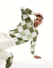 ルック New Look checker crew jumper in green pattern メンズ