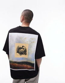 トップマン Topman extreme oversized fit t-shirt with front and back bird in reeds print in black メンズ