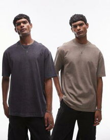 トップマン Topman oversized fit washed t-shirt 2 pack in black and khaki メンズ