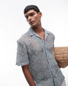トップマン Topman short sleeve grid crochet shirt in blue メンズ