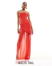 エイソス ASOS DESIGN Tall structured bandeau maxi dress with chiffon thigh split skirt in red レディース