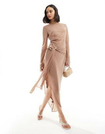 エイソス ASOS DESIGN slash neck chiffon asymmetric midi dress with liquid gold belt detail in mink レディース