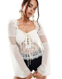 エイソス ASOS DESIGN lace and chiffon mix milkmaid blouse in ivory レディース