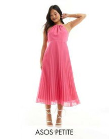ASOS Petite エイソス ASOS DESIGN Petite pleated chiffon midi dress with halter neck in hot pink レディース