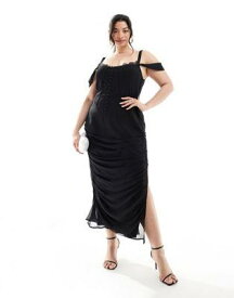 ASOS Curve エイソス ASOS DESIGN Curve corset lace chiffon mix panelled milkmaid midi dress in black レディース
