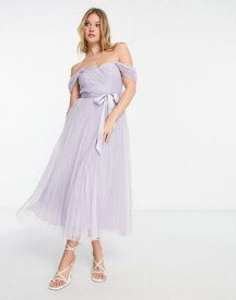 エイソス ASOS DESIGN Bridesmaid off shoulder tulle midi dress with tie back and pleated skirt in lilac レディース