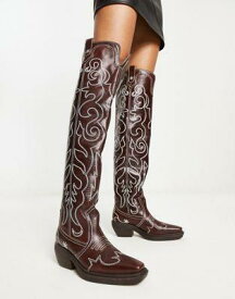 エイソス ASOS DESIGN Cuba premium leather swirl stitch western knee boot in brown レディース