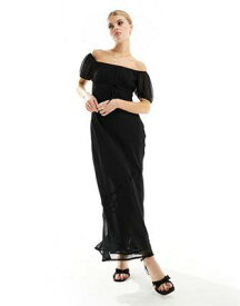 エイソス ASOS DESIGN textured chiffon bardot milkmaid bust midi dress with seam detail in black レディース