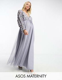 ASOS Maternity エイソス ASOS DESIGN Maternity embellished wrap front tulle skirt midaxi dress with floral detail in lilac レディース