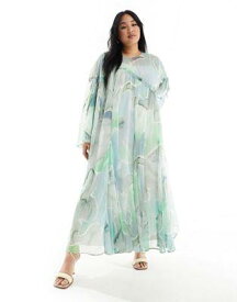 エイソス ASOS EDITION Curve long sleeve chiffon maxi dress with gathered detail in blue watercolour レディース