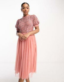 マヤ Maya Bridesmaid delicate sequin puff sleeve midi dress in terracotta pink レディース