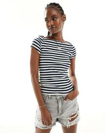 Monki fitted short sleeve top with boat neck in navy and white stripe レディース