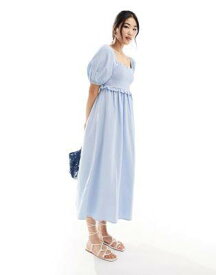 ルック New Look shirred puff sleeve linen blend midi dress in light blue レディース