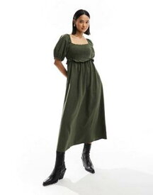 ルック New Look shirred puff sleeve linen blend midi dress in khaki レディース