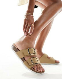 ルック New Look double strap flat slip on sandal in stone レディース