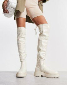ルック New Look over the knee chunky stretch flat boots in white レディース