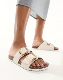 ルック New Look double buckle flat sandal in off-white レディース