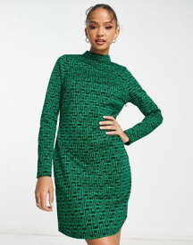 ルック New Look long sleeve mini dress in green pattern レディース