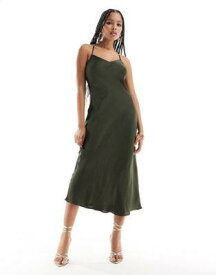 ルック New Look cross back satin slip dress in dark khaki レディース